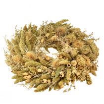 gjenstander Dekorativ tørket krans med teasels og hirse i gul-olivengrønn, naturlig landlig stil, Ø28 cm, allsidig vegg- og borddekorasjon
