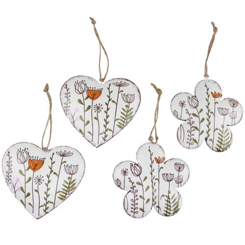 gjenstander Hengende dekor metall dekorasjon hjerter og blomster hvit 10cm 4stk