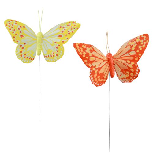 Dekorative sommerfugler på trådfjær oransje gul 7×11cm 12stk