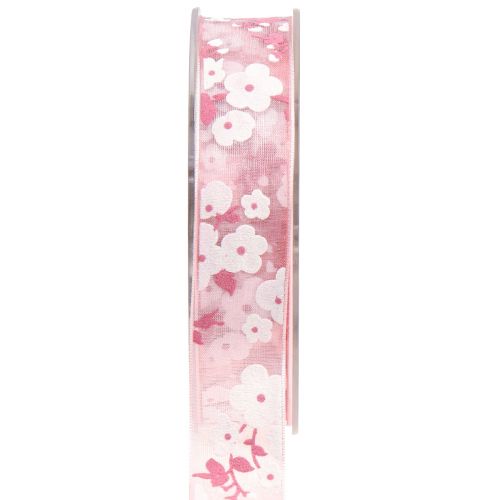 Organza bånd rosa med blomster gavebånd 20mm 20m