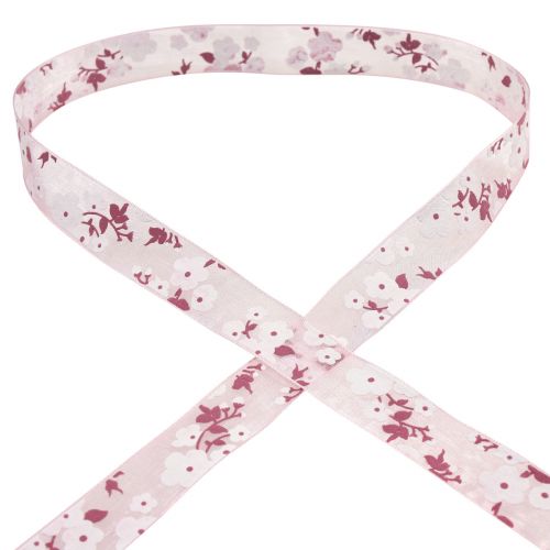 gjenstander Organza bånd rosa med blomster gavebånd 20mm 20m