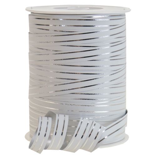 Ruffet bånd gavebånd sløyfebånd hvit med sølvstriper 10mm 250m