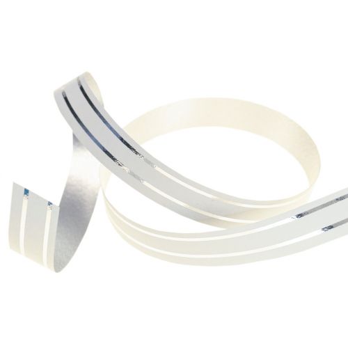 Ruffet bånd gavebånd sløyfebånd hvit med sølvstriper 10mm 250m