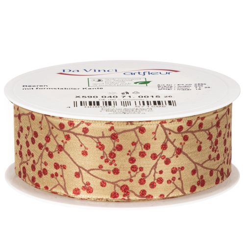 Dekorative båndgrener med røde glitterbær, 40 mm x 15 m | Floristik24.no