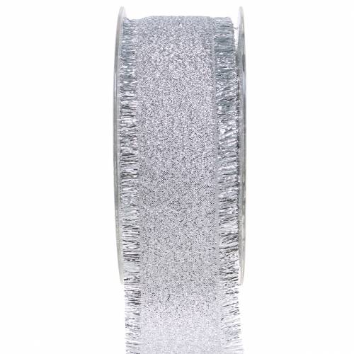 Floristik24 Dekorativt bånd sølv med frynser 40mm 15m