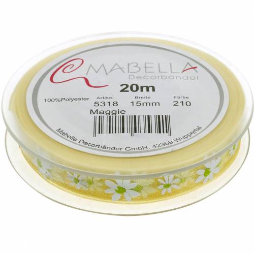 Floristik24 Organzabånd gule blomster 15mm stoffbånd dekorativt bånd sommerdekorasjon 20m