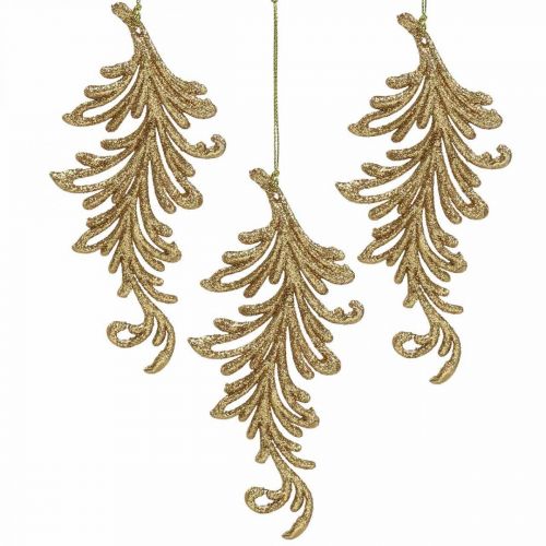 Floristik24 Trevedheng med glitter, dekorative fjær til å henge, julepynt Golden L16cm 6stk