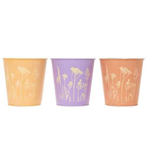 Sett med 3 metallpotter i pastellfarger med blomstermotiv, 10 cm | Floristik24.no