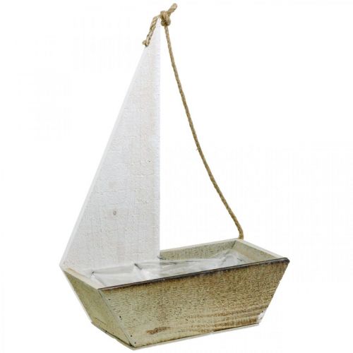 Dekorativt skip, maritim tredekor, seilbåt for planting hvit, naturlig H37cm L25,5cm