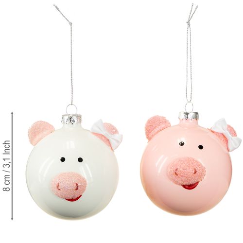 Floristik24 Julekule gris rosa hvit glasskule Ø8cm 2 stk