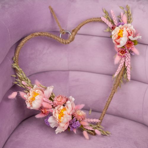 gjenstander DIY boks hjerte dekorasjonsløkke med peoner og tørkede blomster rosa 33cm