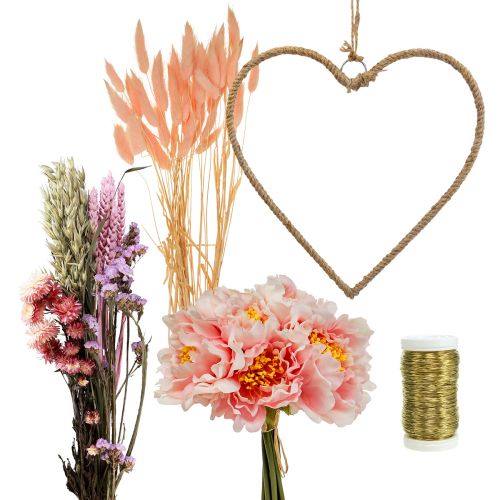 gjenstander DIY boks hjerte dekorasjonsløkke med peoner og tørkede blomster rosa 33cm