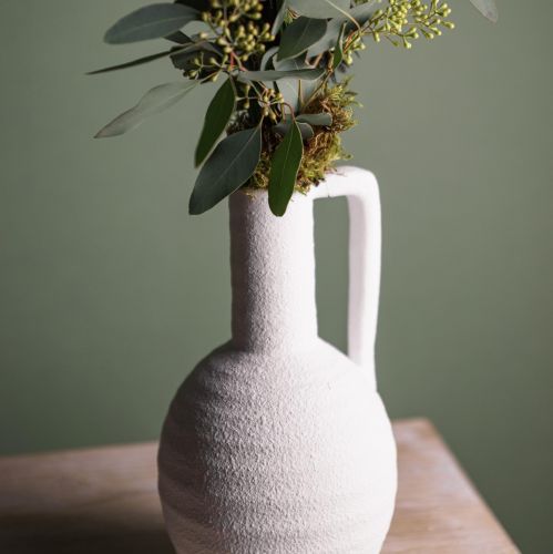 gjenstander Dekorativ vase hvit blomstervase med håndtak keramikk H26cm