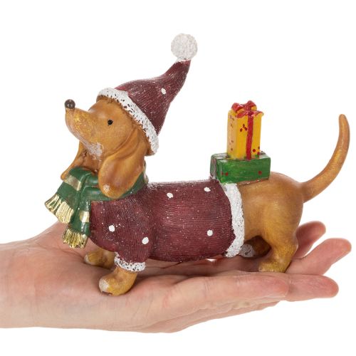 Dekorativ dachsfigur med gavepakke og hatt, 18 cm | Floristik24.no