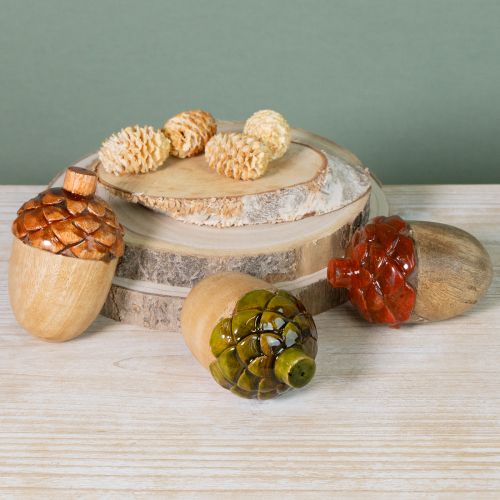 gjenstander Dekorative eikenøtter treborddekorasjon grønn oransje rød H10cm 3 stk