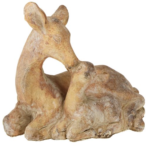 Dekorativ figur hjort med fawn støpt stein brun hvit 20×11×17 cm