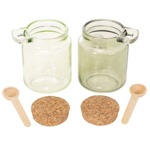 Dekorativt glass med korklokk og skje, grønn, Ø7 cm, H10 cm, 2 stk. | Floristik24.no