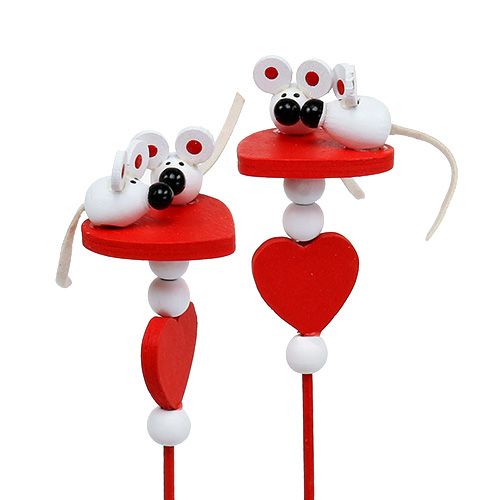 gjenstander Dekorative hjerter med mus på pinne rød 12stk