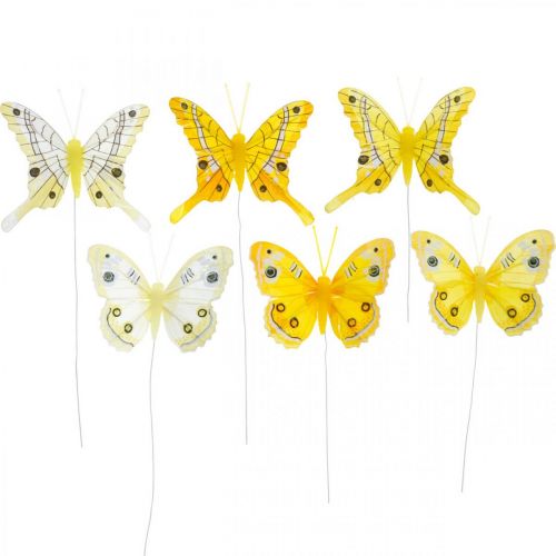 Floristik24 Dekorative sommerfugler gul fjærsommerfugl på ledning 7,5 cm 6stk
