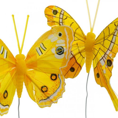 gjenstander Dekorative sommerfugler gul fjærsommerfugl på ledning 7,5 cm 6stk