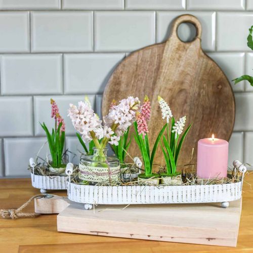 Floristik24 Dekorativt brett, metalldekor oval, stearinlysbrett hvit, sølv Shabby Chic L40 / 29,5 cm 9,5 / 8,5 cm sett med 2