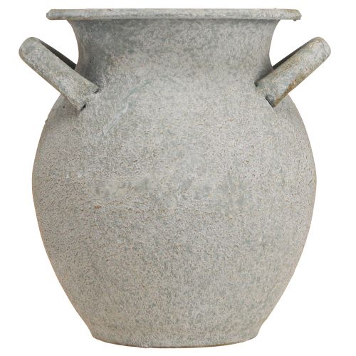 gjenstander Dekorativ vase med håndtak vintage plantekasse metall grå H13cm
