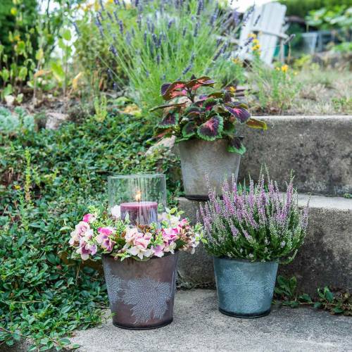 Floristik24 Dekorativ plantepotte med blader sinkmetallgrå, oransje, brun Ø17cm H14,5cm 3stk