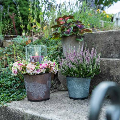 Floristik24 Dekorativ plantepotte med blader sinkmetallgrå, oransje, brun Ø18,5cm H15,5cm 3stk