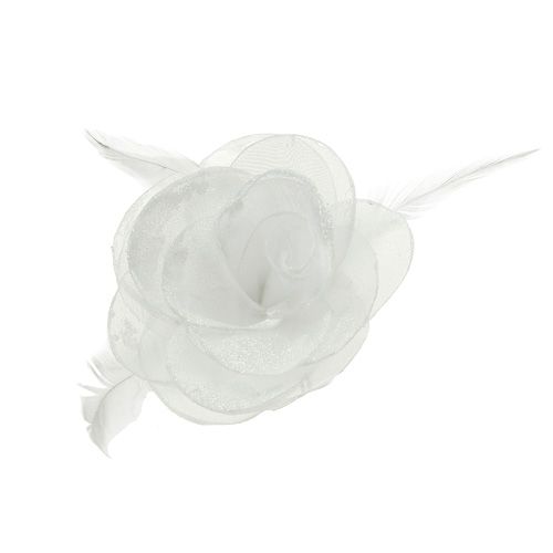 Floristik24 Dekorativ rose med fjær på klips hvit 2stk