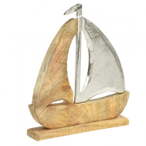 Dekorativt skip tre metall sølv mango tre 16,5x4x18,5cm