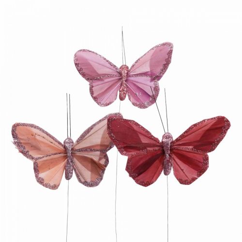 Floristik24 Deco sommerfugl på trådfjær sommerfugl rosa 10×6cm 12stk