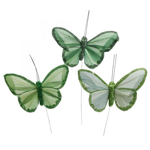 Dekorative sommerfugler grønne fjærsommerfugler på wire 10cm 12stk