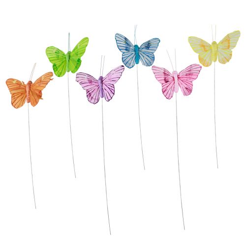 Dekorative sommerfugler på tråd fargerike fjær 5,5×8cm 12stk