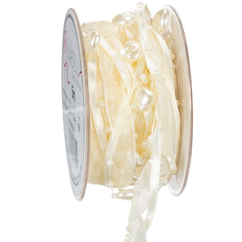 Floristik24 Dekorativt bånd, kremfarget, hjerter, perler, bryllupsdekorasjon, 10 mm, 5 m