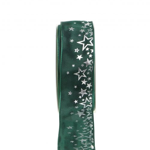 Floristik24 Dekorbånd stjernemønster grønn-sølv 40mm 25m