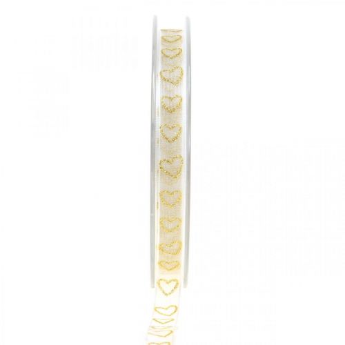 Dekorbånd hvit gavebånd hjerte gull glitter 10mm 20m