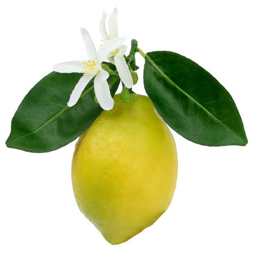 Dekorativ frukt, sitroner med blader gule 9,5cm 4stk