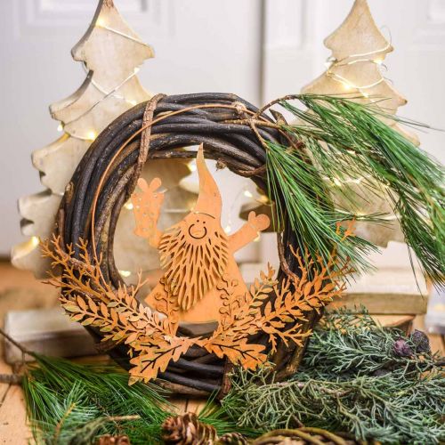 gjenstander Dekorring til jul, reinsdyr i ringen, julenisse med gave, metalldekor patina Ø18cm sett med 2 stk.
