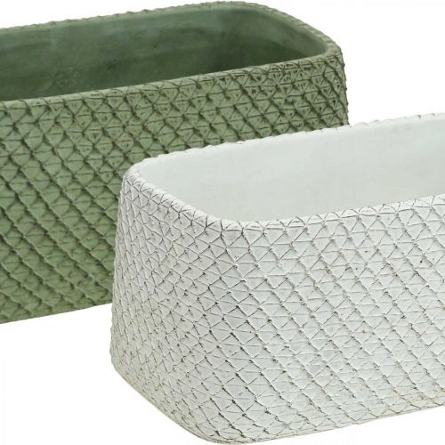 Dekorativ skål keramikk grønn hvit relieffnett 23x12,5cm H11cm 2stk