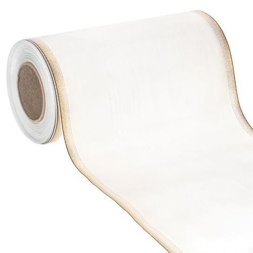 Elegant moiré-kransbånd, 200 mm hvitt med gullperlekant og spesiell finish, 25 m - Perfekt for dekorasjoner og feiringer