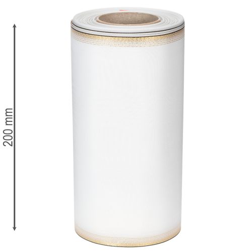 gjenstander Elegant moiré-kransbånd, 200 mm hvitt med gullperlekant og spesiell finish, 25 m - Perfekt for dekorasjoner og feiringer
