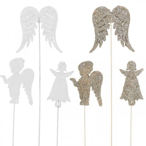 Floristik24 Advent plugg engel, vinger for stikking, tre engel, juledekorasjon natur, hvit, gull glitter 18 stk.