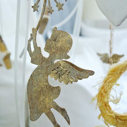 gjenstander Engel med løvetann, julepynt, dekorativt anheng, metalldekorasjon gyllen antikk look H16/15cm 4stk