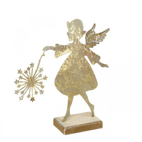Floristik24 Dekorativ engel med løvetann, adventsdekorasjon av metall, juleengel gyllent antikt utseende H21cm