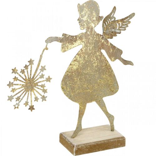 Floristik24 Engel med løvetann, metalldekor til jul, dekorasjonsfigur advent gyllen antikk look H27,5cm