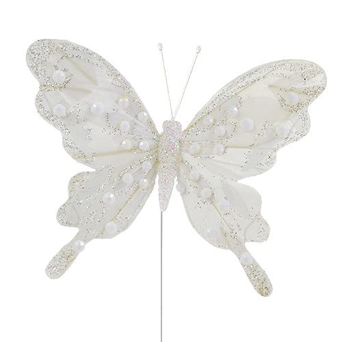 Floristik24 Fjærsommerfugl hvit med glimmer 11cm 3stk
