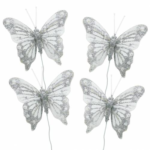 Floristik24 Fjær sommerfugl hvit med glimmer 7,5cm 4stk