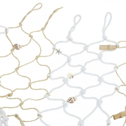 Fiskenett med skjell og drivved, maritimt, dekorativt garn, marinepynt 72 × 120cm