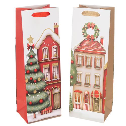 Gavepose flaske julehus og juletre 36cm 2 stk