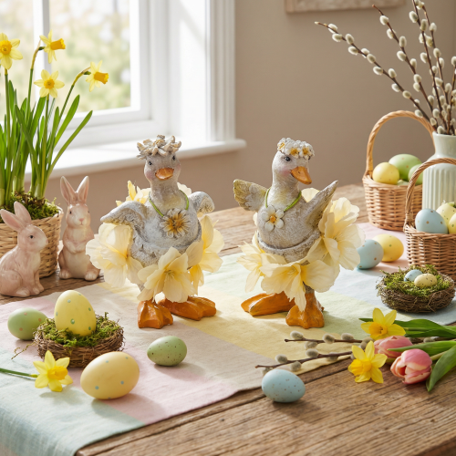 gjenstander Dekorativ andefigur i blomsterkjole, vår, detaljert sommerdekorasjonstilbehør, 11 cm, 2 stk.